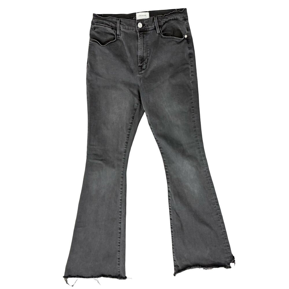 Frame Denim Charcoal Gray Stretch Mid Rise Raw Hem Flare Jeans Women's size 31